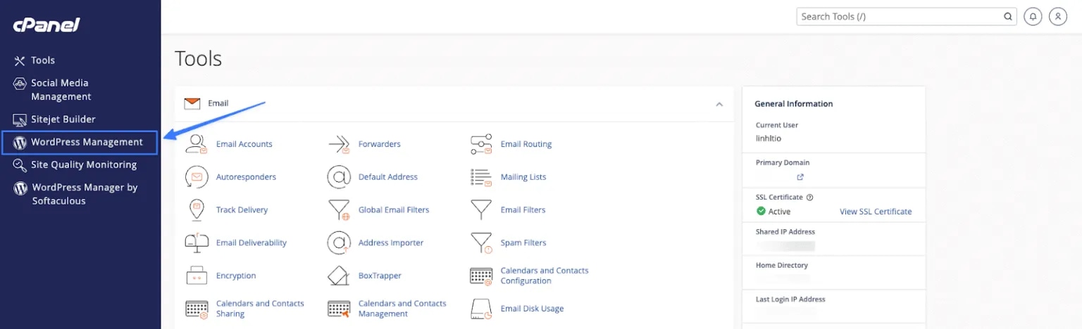 Bạn tìm và chọn mục WordPress Management