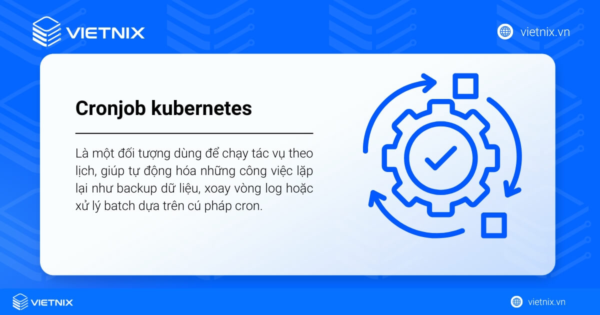 CronJob là resource dùng để chạy tác vụ theo lịch và tự động hóa các công việc lặp lại theo cron