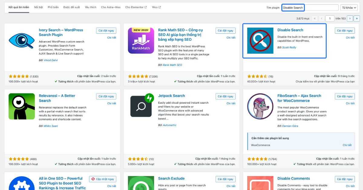 Nhập từ khóa Disable Search vào ô tìm kiếm plugin
