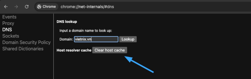 Lỗi DNS_PROBE_STARTED là gì? Nguyên nhân và cách khắc phục chi tiết 23 Trên trình duyệt Chrome, bạn truy cập chrome://net-internals/#dns và nhấn "Clear host cache" để xóa bộ nhớ DNS trên trình duyệt.