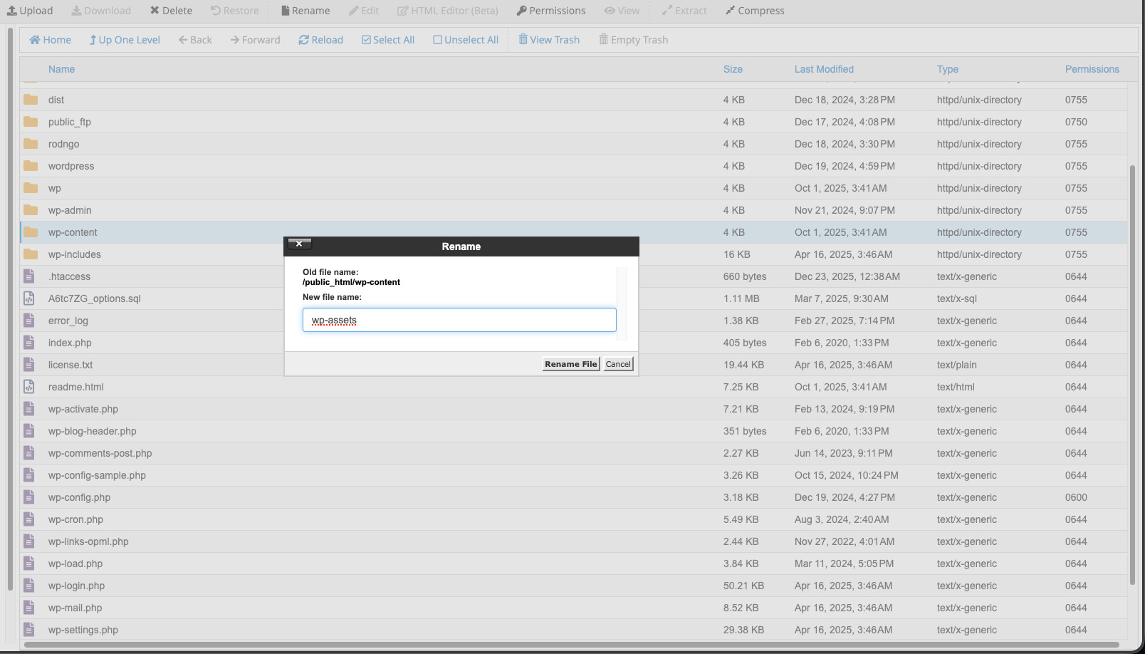Đổi tên thư mục wp-content sang tên mới