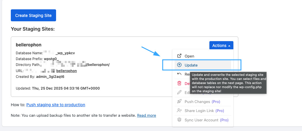 Chọn Update để áp dụng quy trình lên site thật