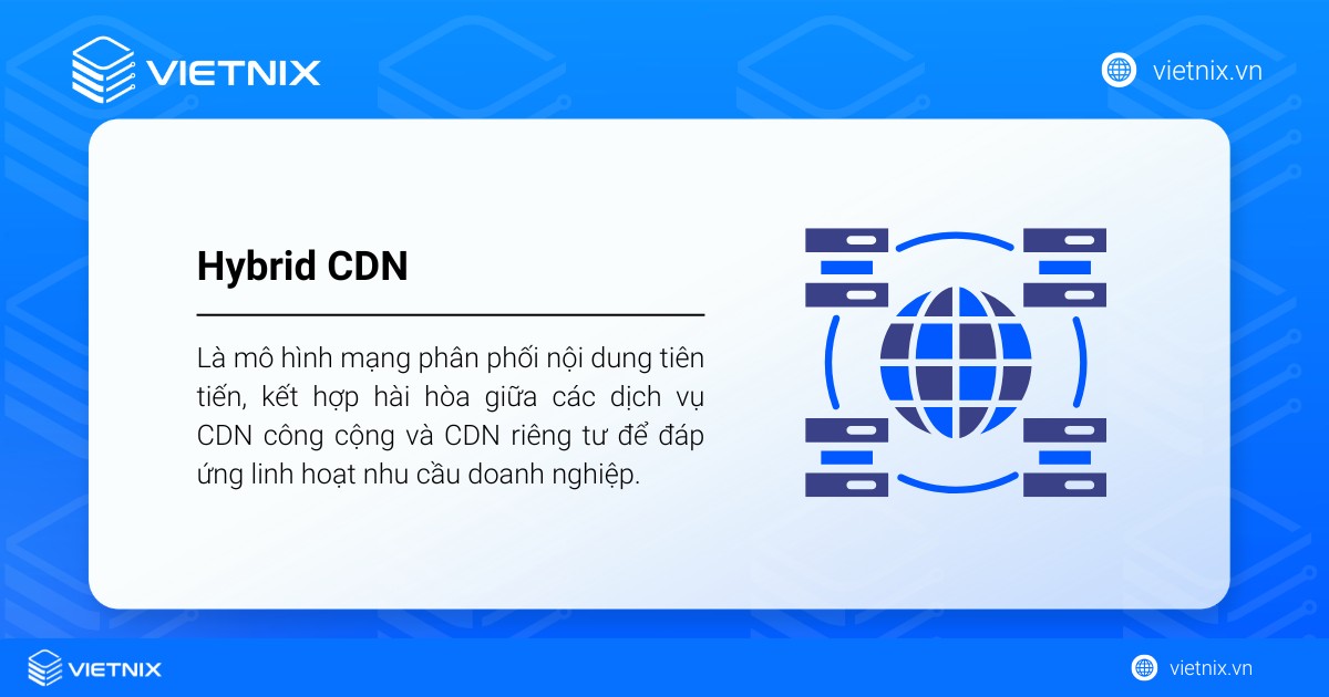 Hybrid CDN là mô hình mạng phân phối nội dung kết hợp giữa các dịch vụ CDN công cộng và CDN riêng tư
