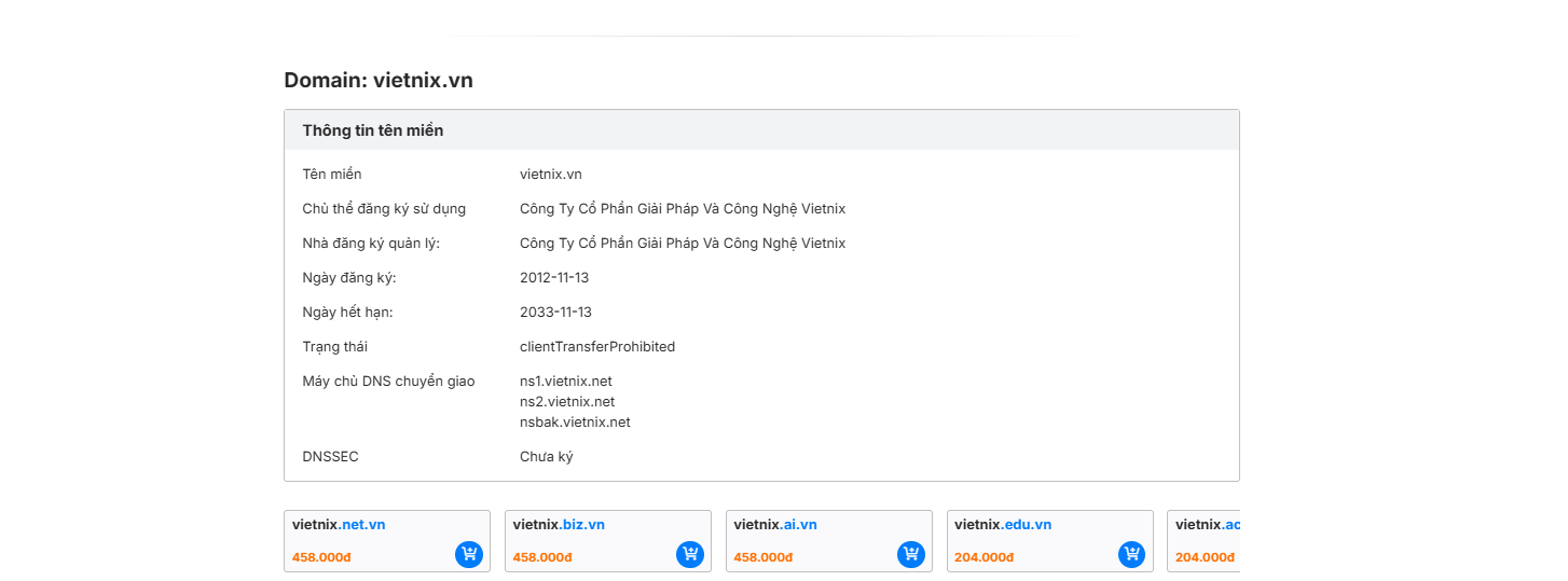 Thông tin chi tiết về chủ thể đăng ký, ngày đăng ký, ngày hết hạn và máy chủ DNS chuyển giao