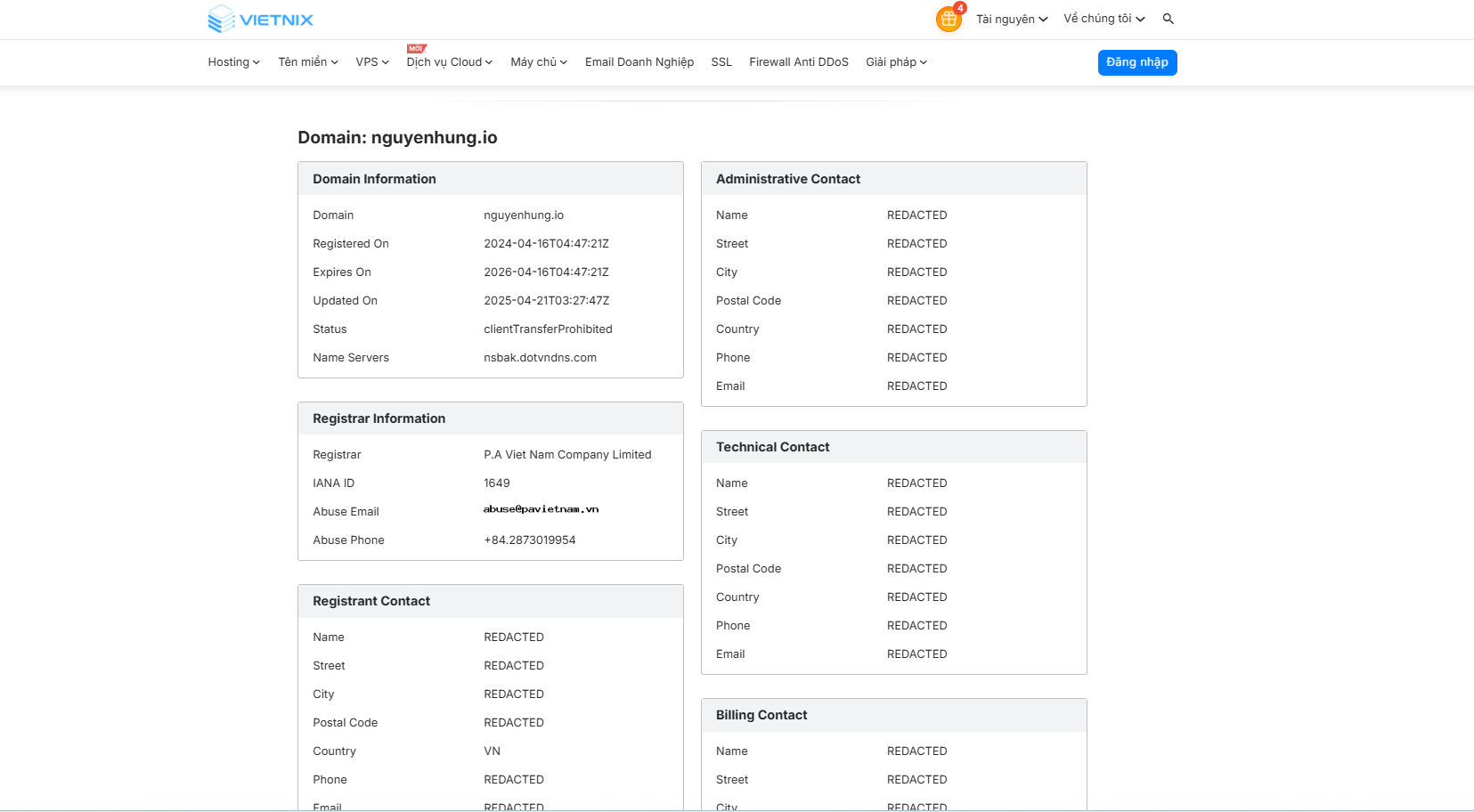 Thông tin chi tiết về chủ thể đăng ký, ngày đăng ký, ngày hết hạn, Status và Nameservers