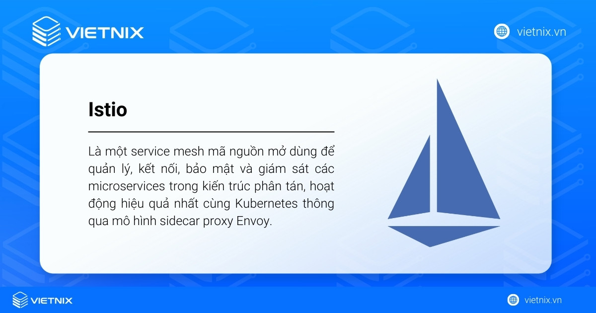 Istio là một service mesh mã nguồn mở dùng để quản lý, kết nối, bảo mật và giám sát các microservices