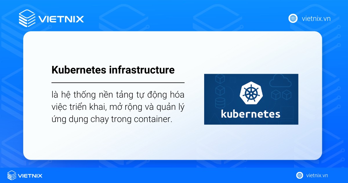 Kubernetes infrastructure là hệ thống nền tảng tự động hóa việc triển khai, mở rộng và quản lý ứng dụng chạy trong container
