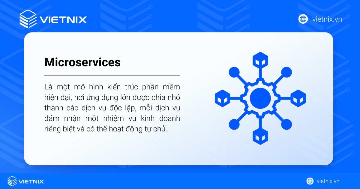 Microservices là kiến trúc phần mềm chia ứng dụng lớn thành các dịch vụ độc lập, mỗi dịch vụ đảm nhiệm một chức năng riêng và hoạt động tự chủ