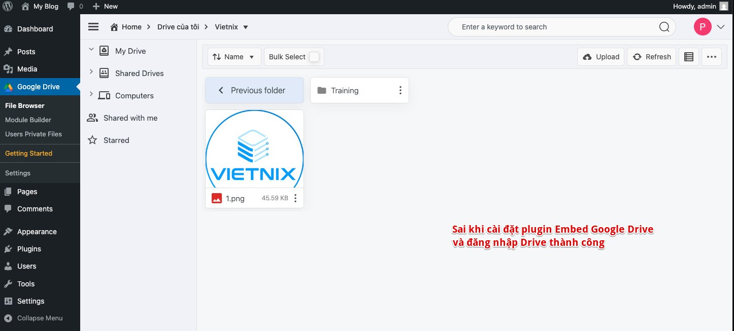 Dashboard sau khi cài plugin và đăng nhập Drive thành công