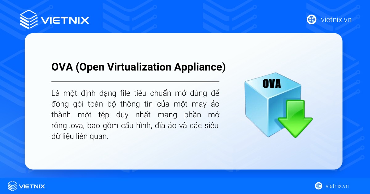 OVA là một định dạng file tiêu chuẩn mở dùng để đóng gói toàn bộ thông tin của máy ảo