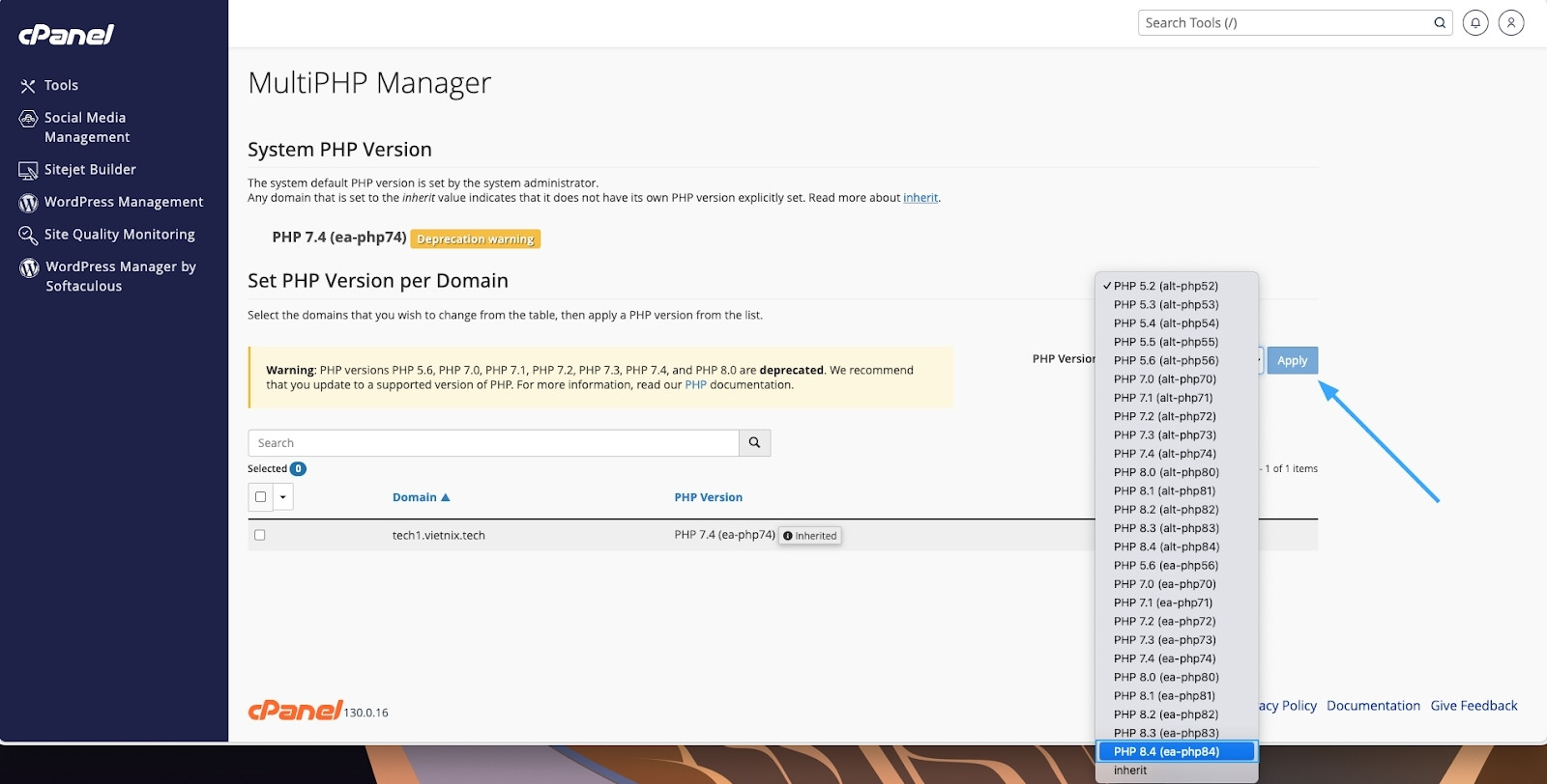 Vào phần Software, nhấn vào Select PHP Version / MultiPHP Manager, chọn phiên bản PHP phù hợp với plugin và WordPress đang dùng.