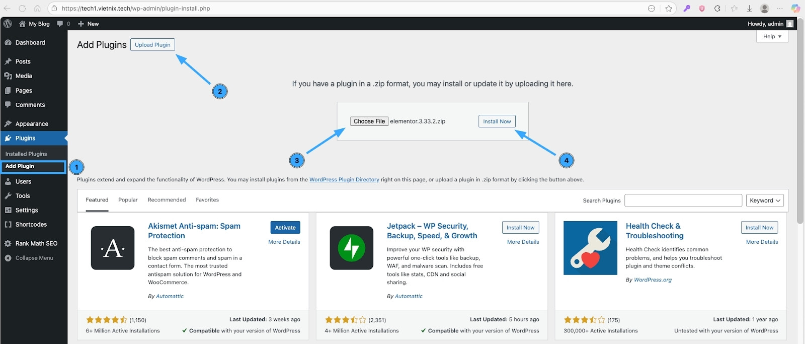 Sau đó bạn upload và cài qua Plugins, chọn Add New, nhấn Upload Plugin trên dashboard