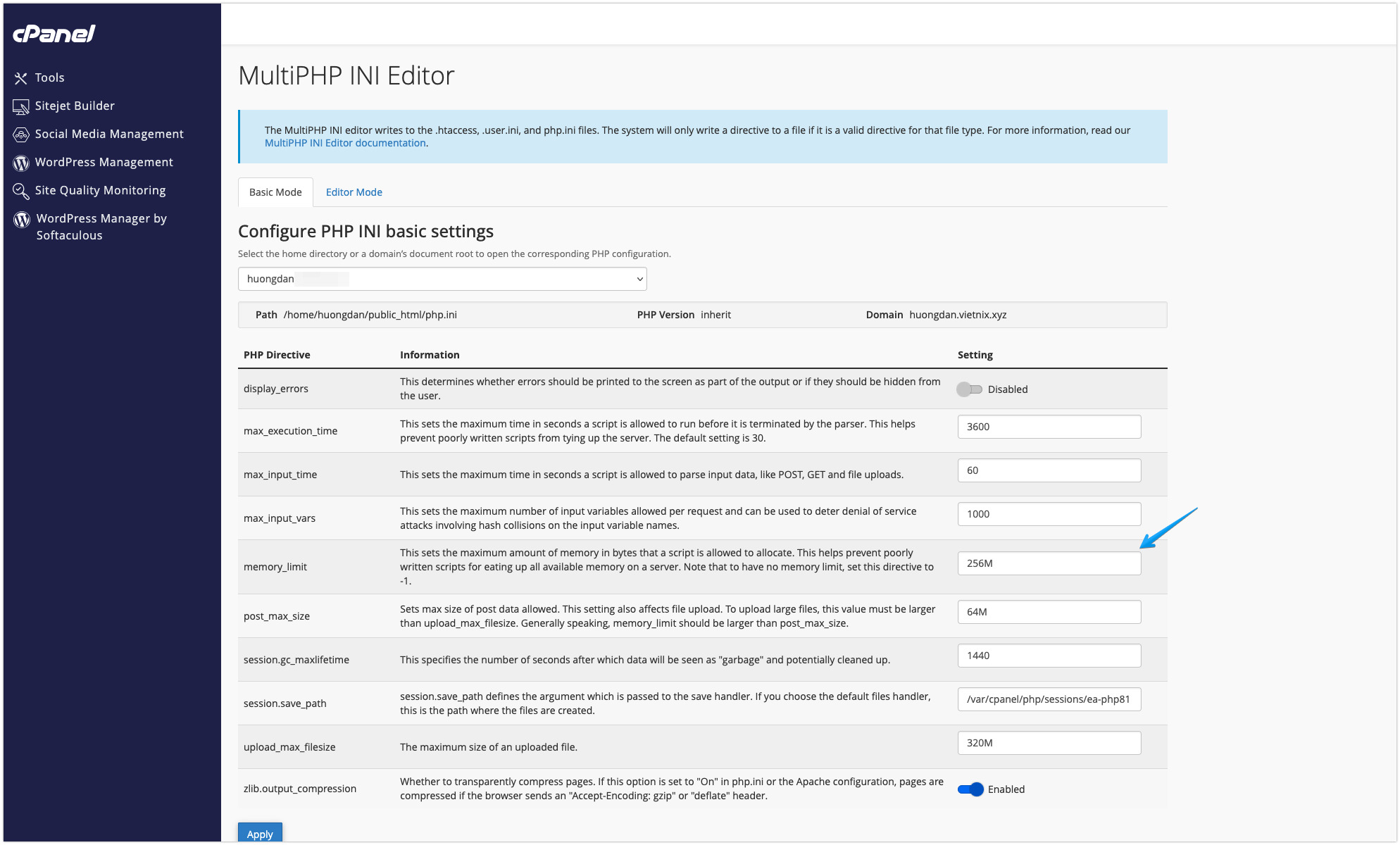 Sử dụng công cụ MultiPHP INI Editor trong cPanel