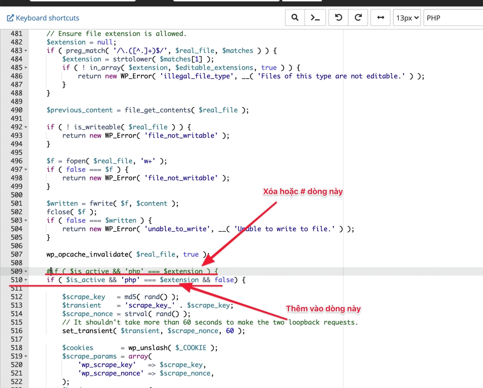 Sau khi thêm các dòng code thì bạn hãy Save rồi test ngay Theme/Plugin Editor