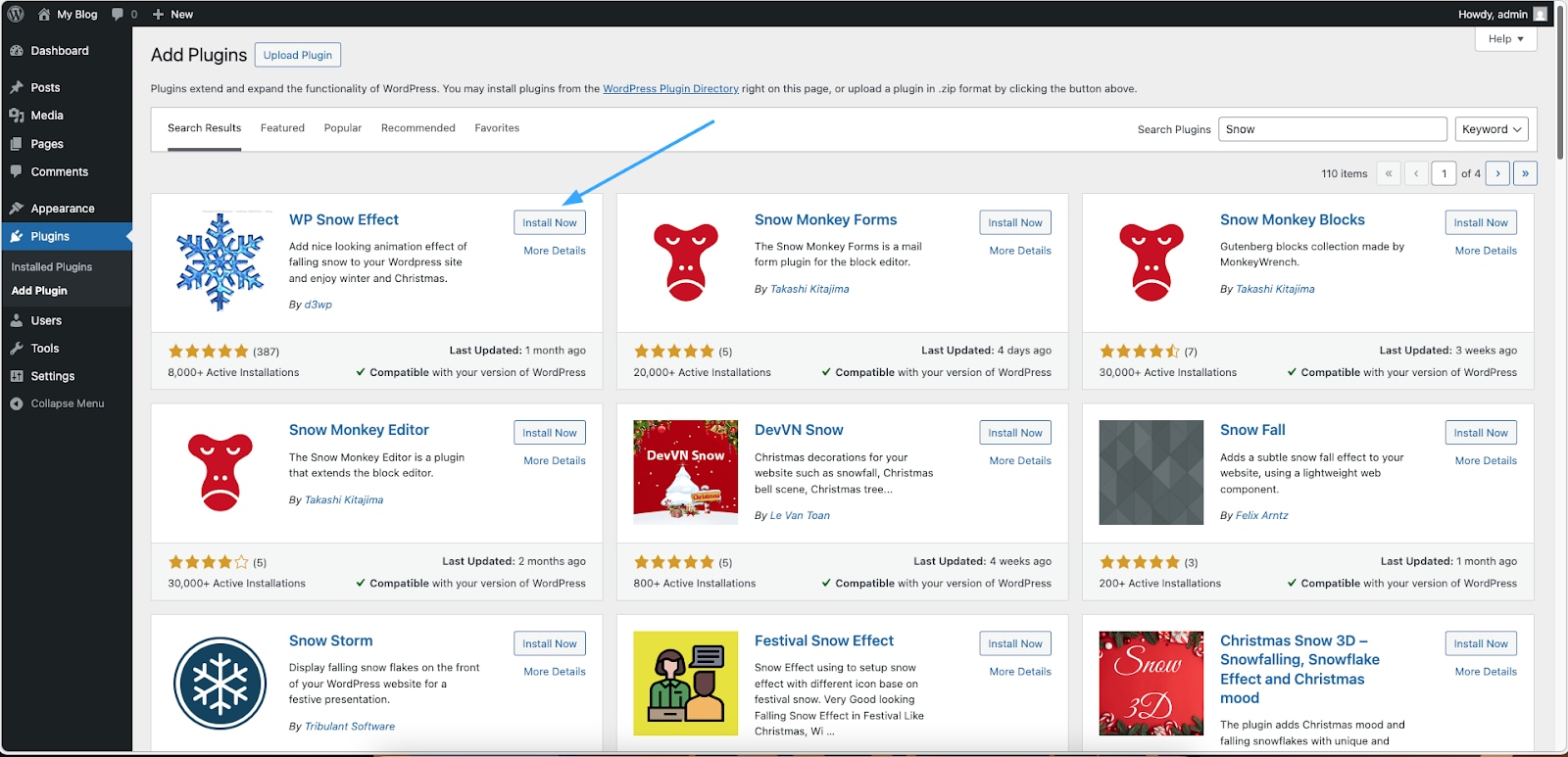 Bạn nhập từ khóa "WP Snow" hoặc "Falling Snow"