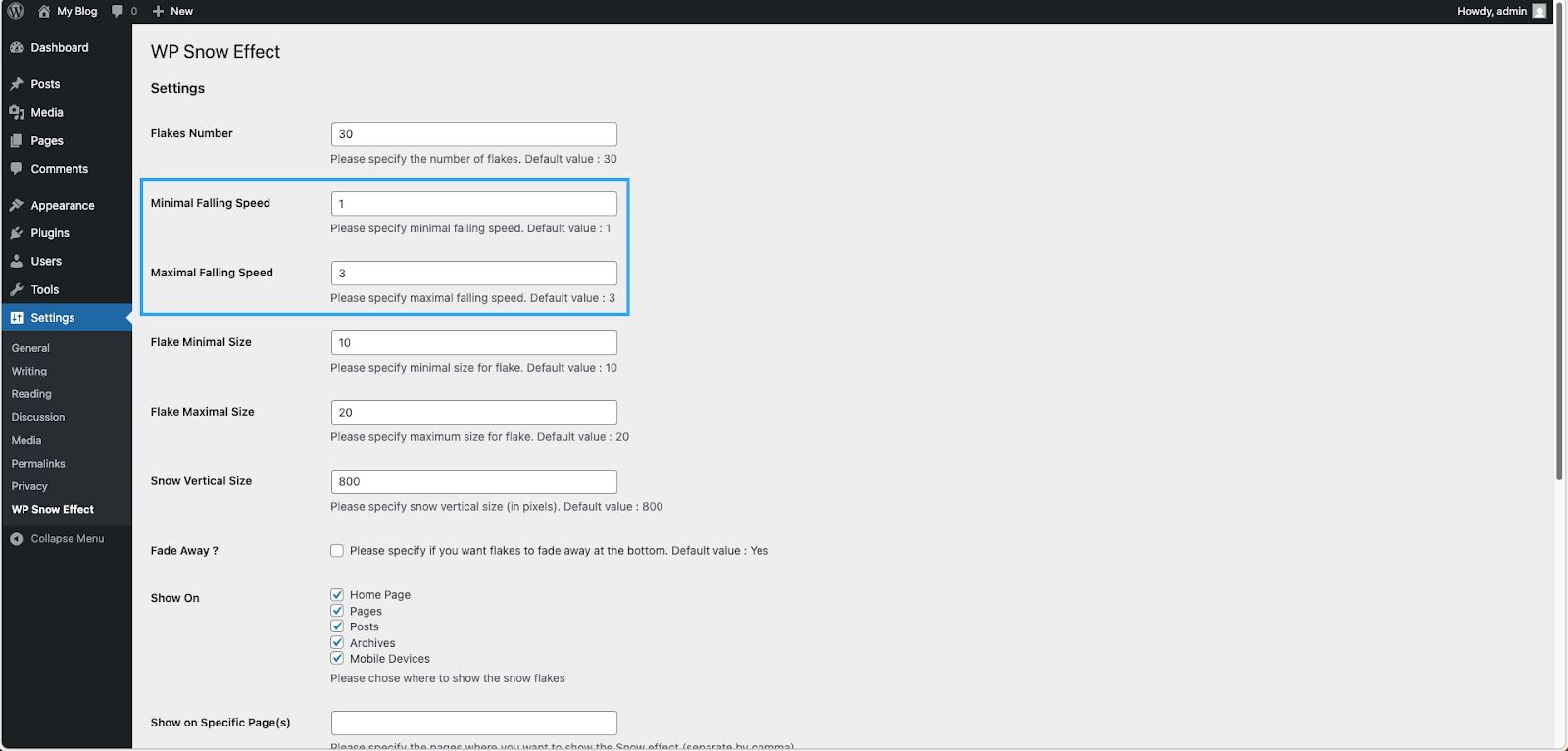 Bạn thiết lập tốc độ rơi của bông tuyết
