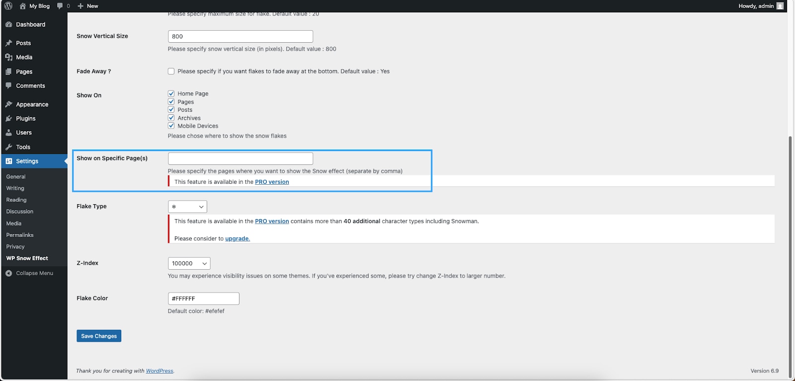 Bạn giới hạn trang hiển thị hiệu ứng tuyết rơi