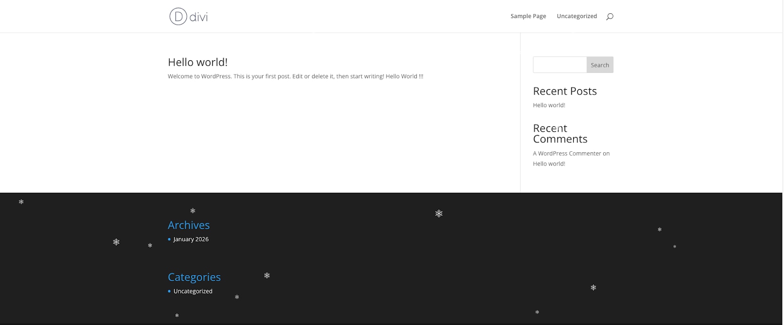 Kết quả hiển thị bạn cài đặt hiệu ứng tuyết rơi thành công