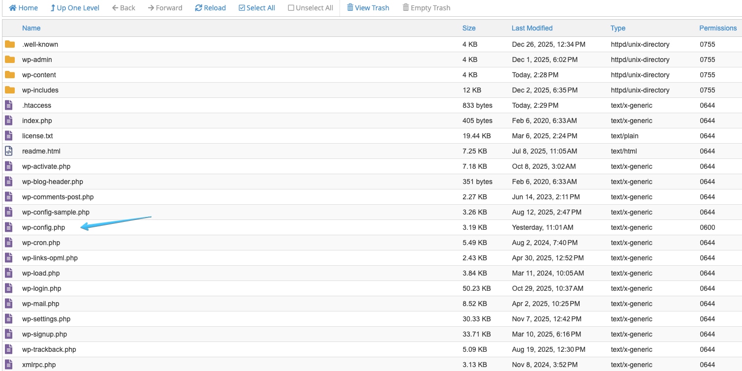 Bạn tìm đến thư mục gốc và mở file wp-config.php.