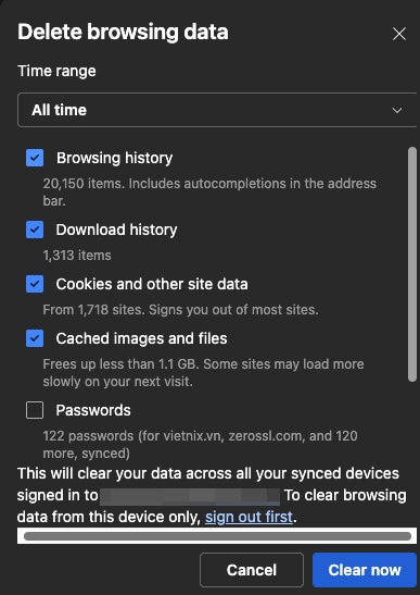 Bạn hãy chọn All time và tích vào các ô Cookie và Tệp/Hình ảnh được lưu trong bộ nhớ đệm.