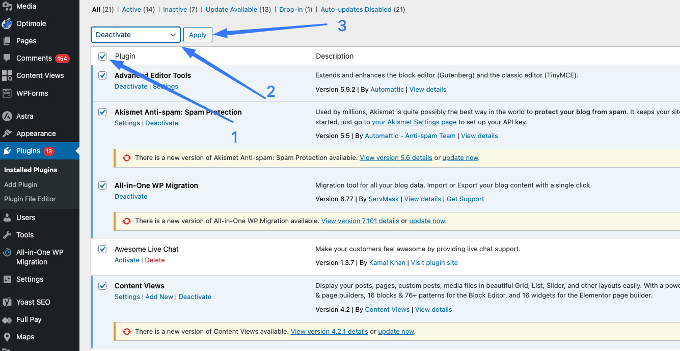 Chọn Deactive cho tất cả các plugin đang hoạt động