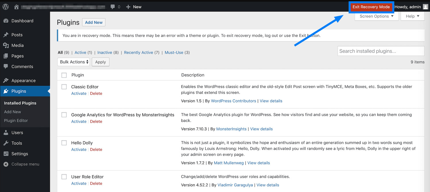 Cách khắc phục lỗi "This site is experiencing technical difficulties" nhanh chóng 23 Chọn Exit Recovery Mode để áp dụng thay đổi cho toàn bộ website