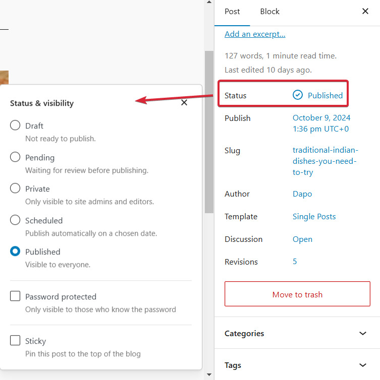 Kiểm tra trạng thái và cài đặt hiển thị của bài viết