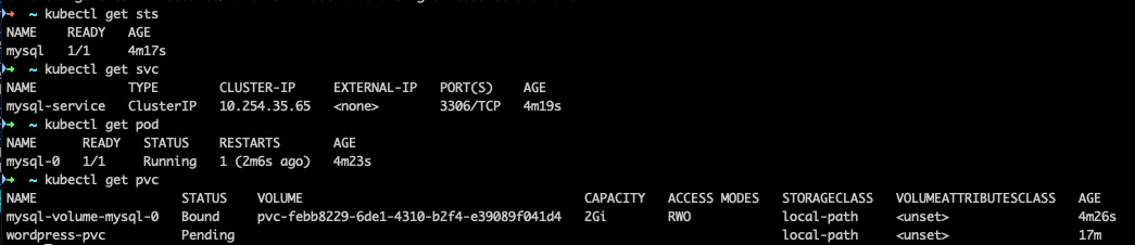 Kiểm tra deployment bằng kubectl get sts svc