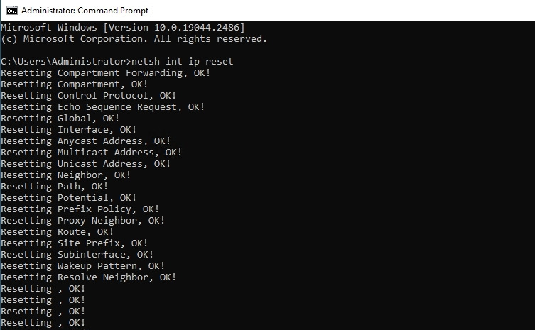 Bạn gõ netsh int ip reset để reset TCP/IP