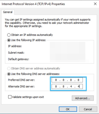 Bạn nhập Preferred DNS server: 8.8.8.8 và Alternate DNS server: 8.8.4.4