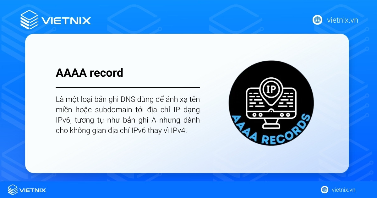 AAAA record là một loại bản ghi DNS dùng để ánh xạ tên miền hoặc subdomain tới địa chỉ IP dạng IPv6