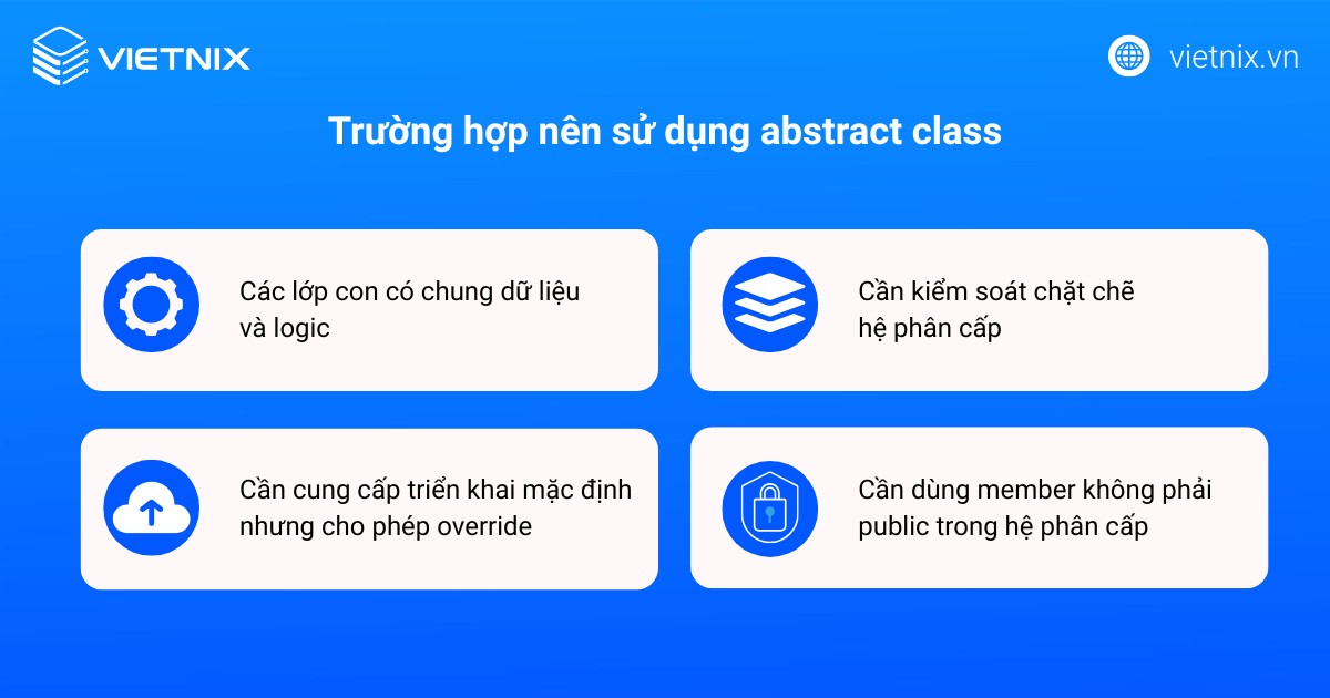 Abstract class là gì? So sánh abstract class và interface chi tiết 19 Abstract class phù hợp cho các nhóm lớp có quan hệ gần nhau và cần chia sẻ cả trạng thái lẫn hành vi chung