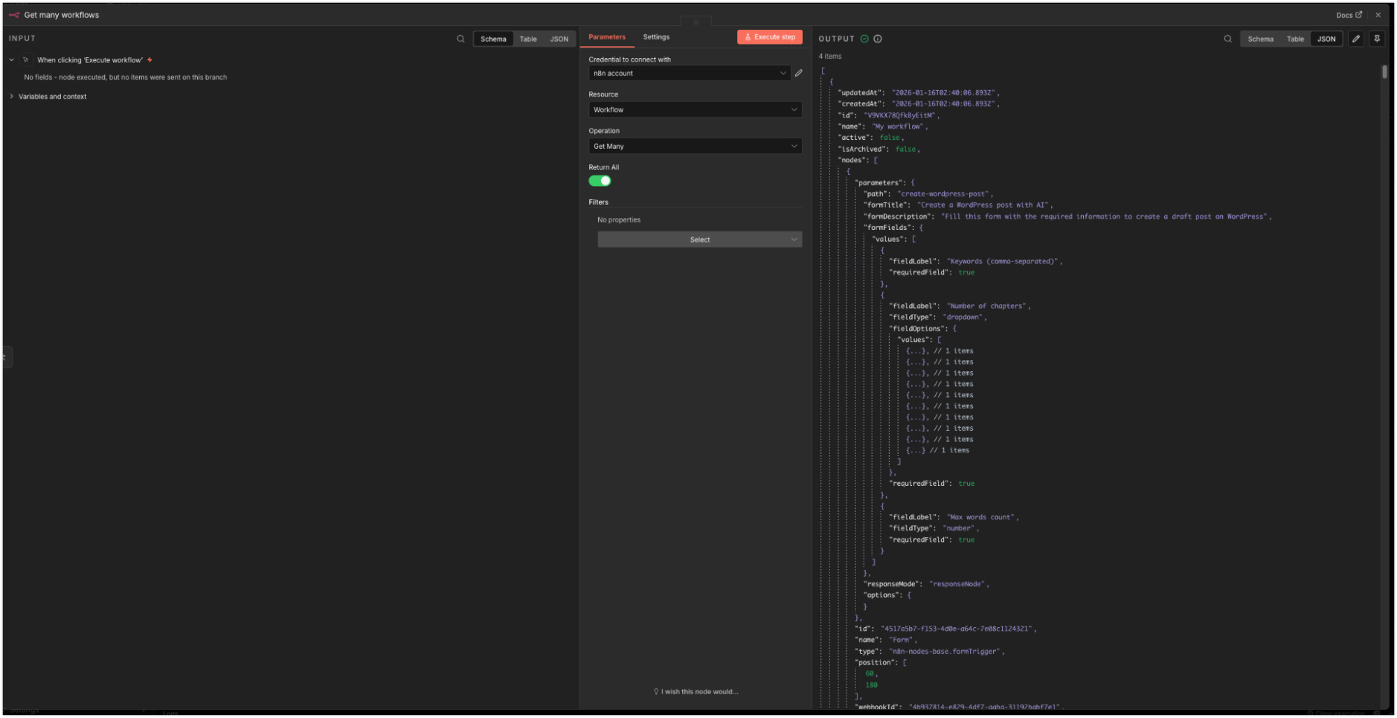 Chọn Return All để node truy vấn được toàn bộ danh sách workflow