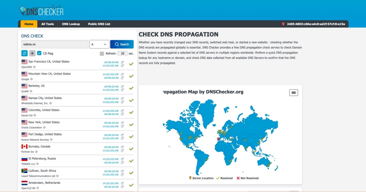 Kiểm tra bản ghi A bằng DNS Checker