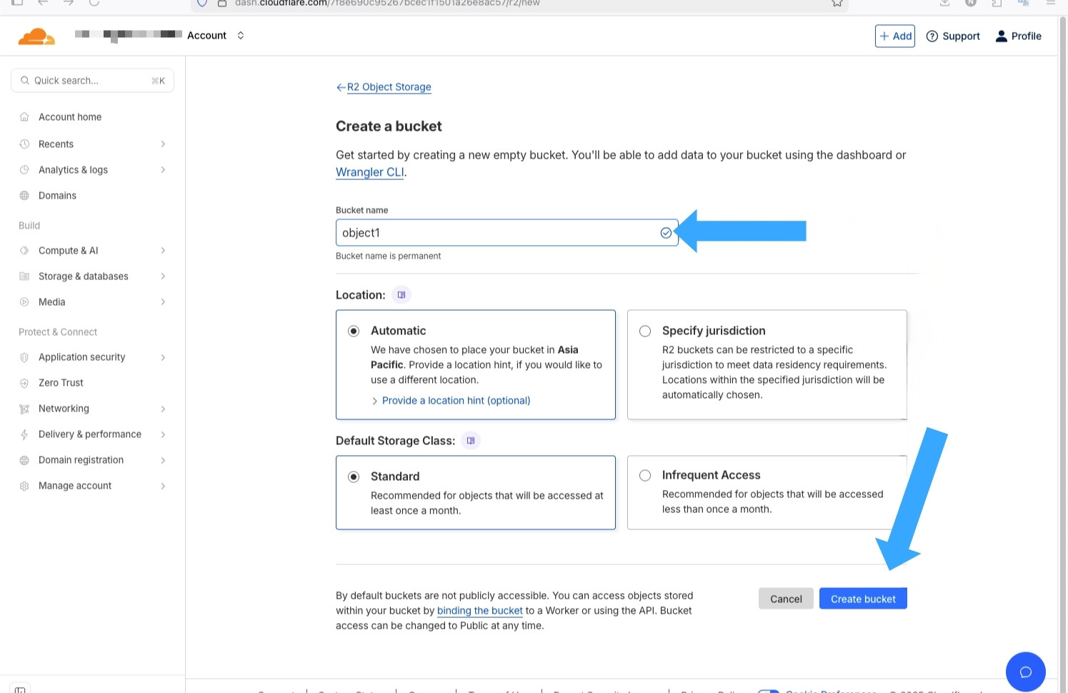 Chọn Create bucket để hoàn thành