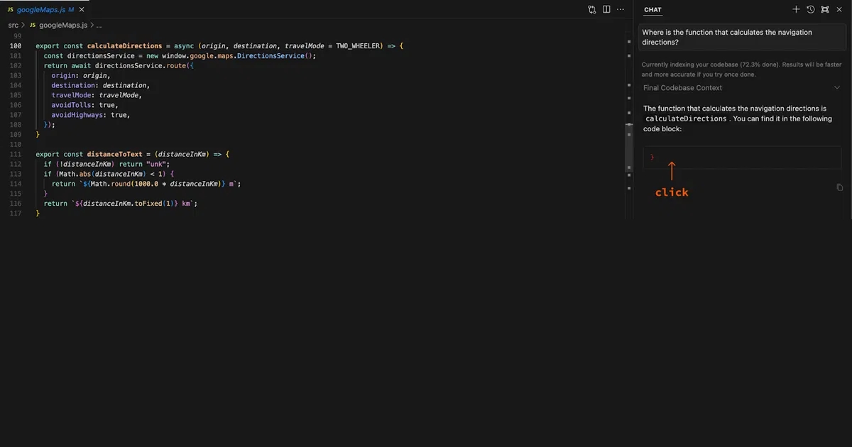 Khi làm việc với các dự án lớn, Cursor hỗ trợ bạn nhanh chóng tìm đoạn code cần thiết
