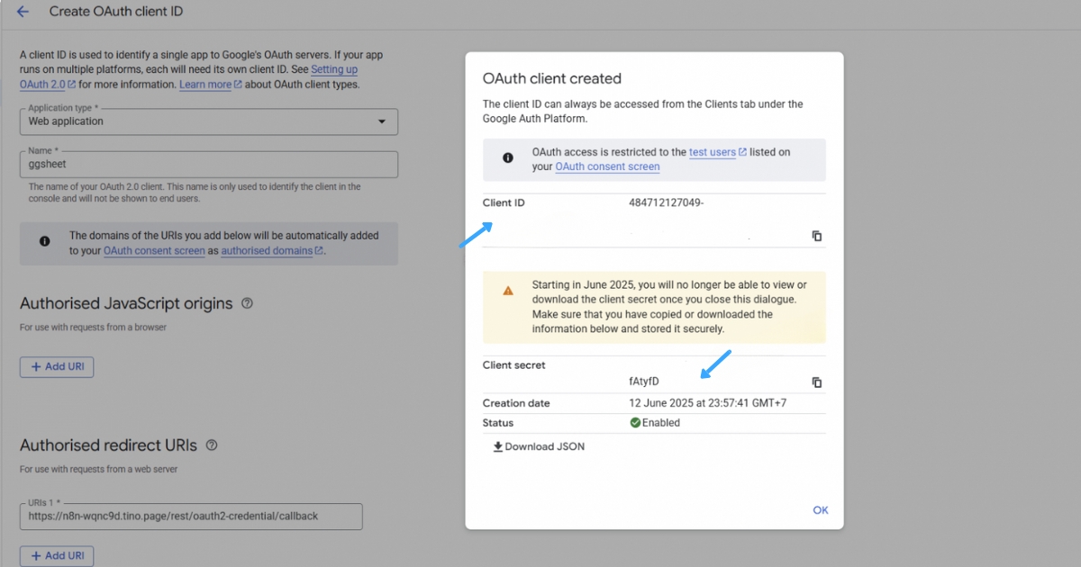 Hướng dẫn kết nối Google Sheet với n8n đơn giản, nhanh chóng 40 Sau khi hoàn tất bước tạo thông tin đăng nhập, hệ thống sẽ cung cấp cho bạn một API key