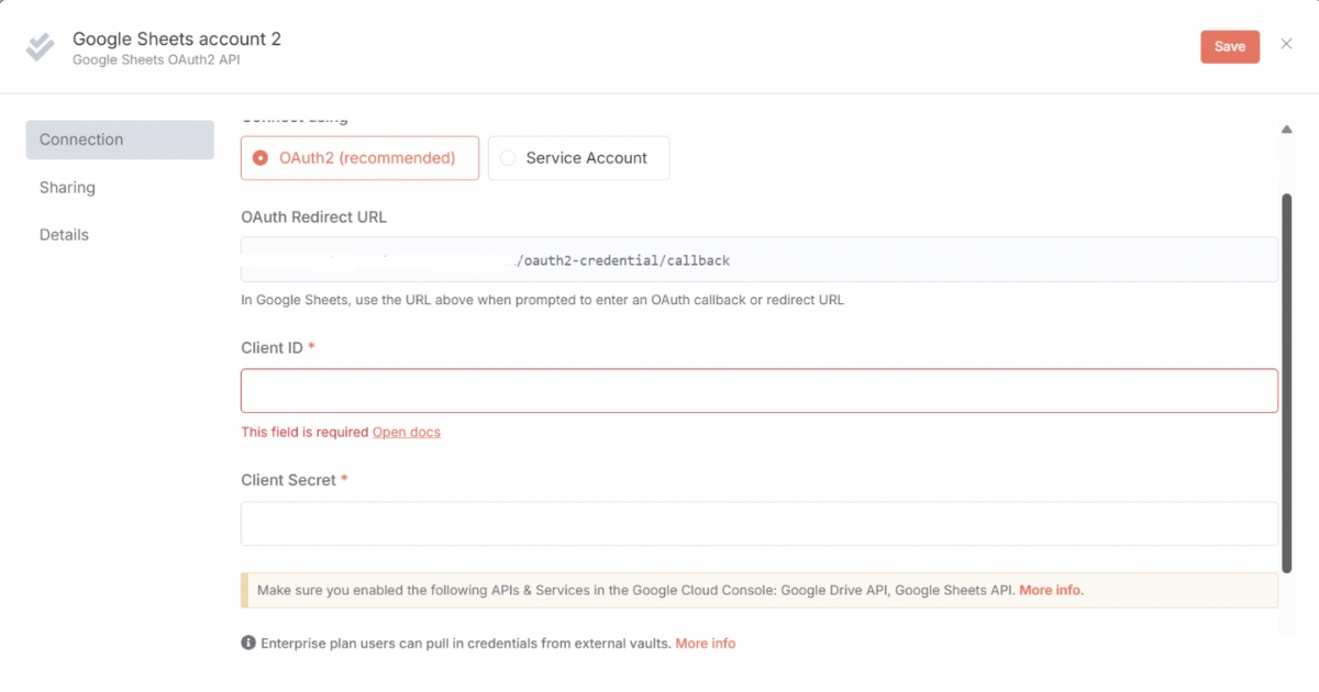 Hướng dẫn kết nối Google Sheet với n8n đơn giản, nhanh chóng 43 Ở bước cấu hình credential trong n8n, dán Client ID và Client Secret