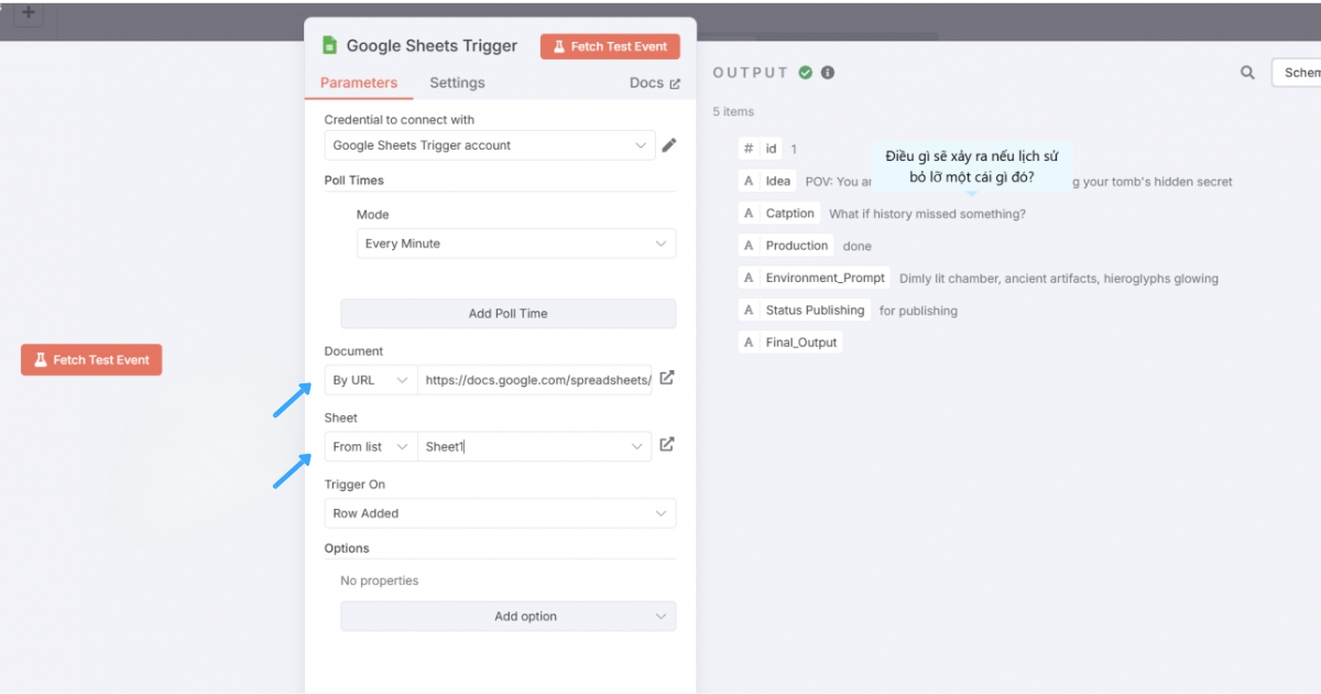 Hướng dẫn kết nối Google Sheet với n8n đơn giản, nhanh chóng 47 Thiết lập vài tham số cơ bản như trong hình