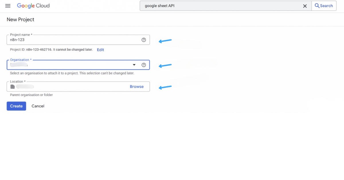 Hướng dẫn kết nối Google Sheet với n8n đơn giản, nhanh chóng 31 Nhập tên cho dự án hoặc tổ chức theo từng mục tương ứng