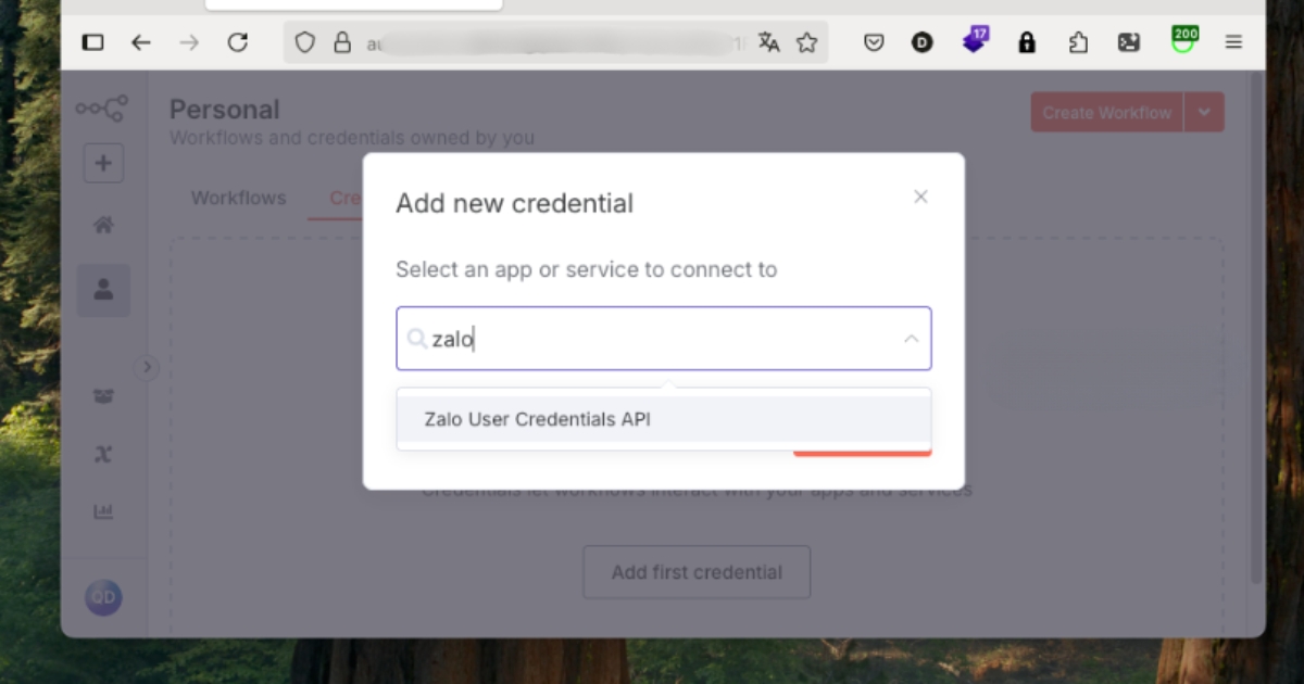 Bạn nhập từ khóa zalo, chọn Zalo User Credentials AP