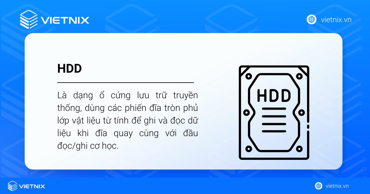 HDD (Hard Disk Drive) là dạng ổ cứng lưu trữ truyền thống, dùng các phiến đĩa tròn phủ lớp vật liệu từ tính để ghi và đọc dữ liệu khi đĩa quay