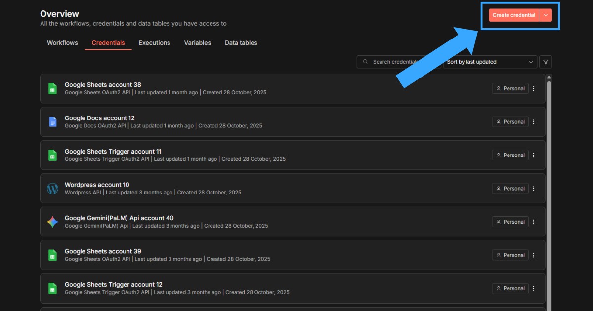 Hướng dẫn kết nối n8n Telegram credentials chi tiết dành cho người mới 28 Bạn chọn mục Credentials rồi nhấn Create Credential để tạo mới