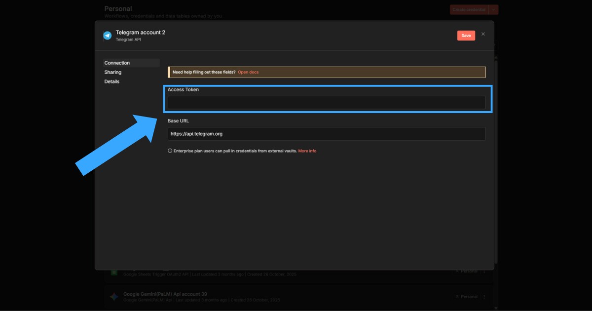 Hướng dẫn kết nối n8n Telegram credentials chi tiết dành cho người mới 29 Trong phần cấu hình credential, dán Access Token BotFather vào đúng trường