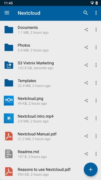 Giao diện chính Nextcloud trên Android