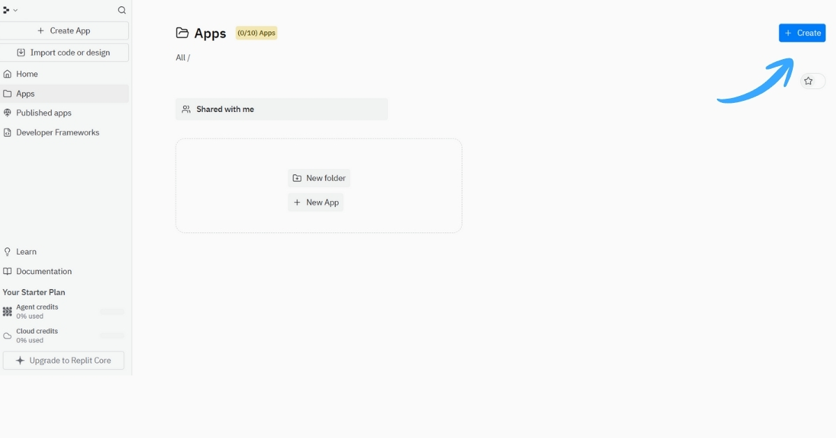 Sau khi đăng nhập, tại giao diện chính của Replit, bạn nhấn vào nút Create