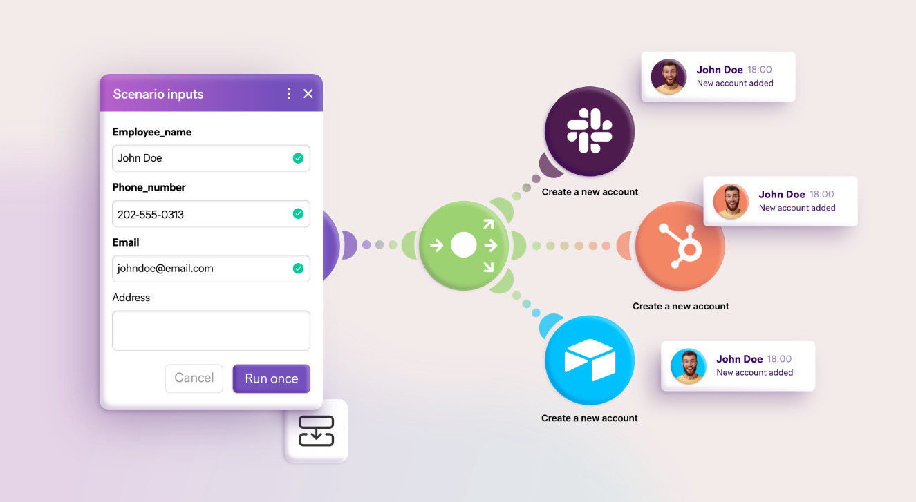 Make.com có giao diện trực quan dạng sơ đồ luồng