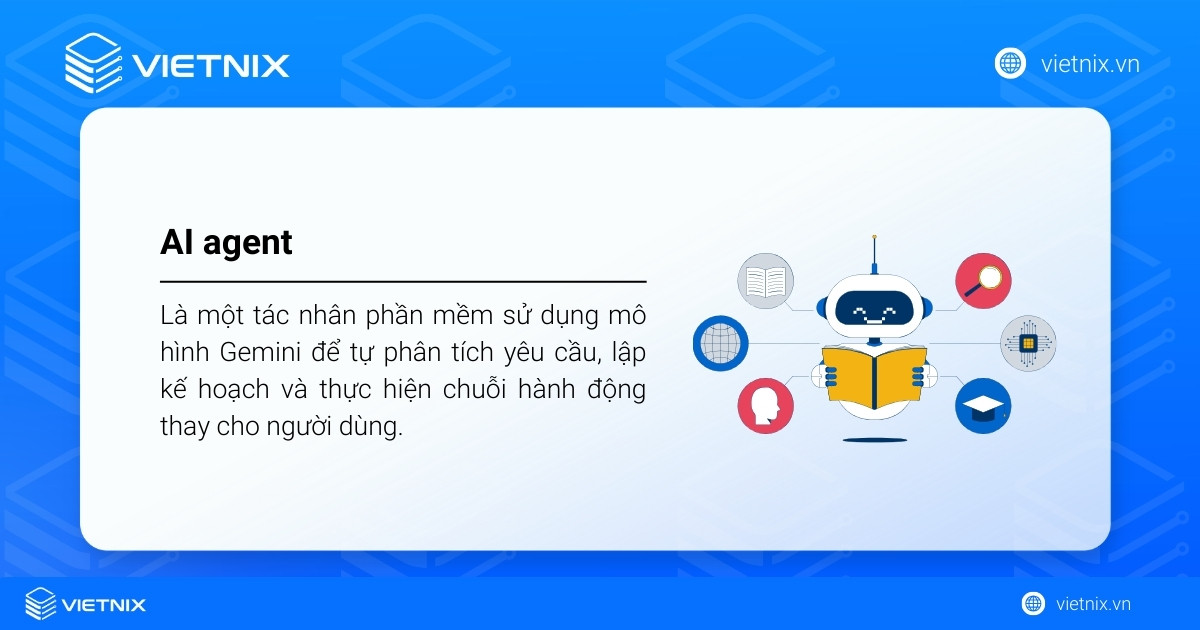 AI agent là một tác nhân phần mềm sử dụng mô hình Gemini để hành động thay cho người dùng