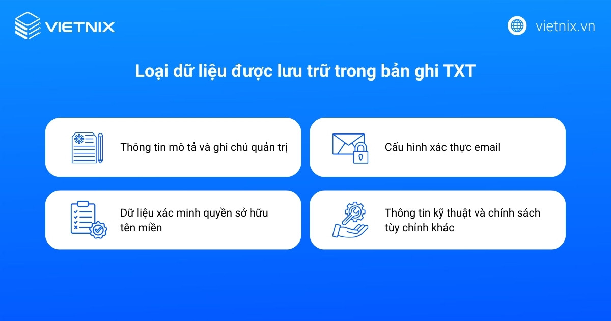 TXT record có thể lưu trữ nhiều loại chuỗi văn bản khác nhau