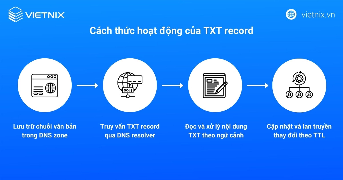TXT record hoạt động dựa trên cơ chế phân giải DNS thông thường